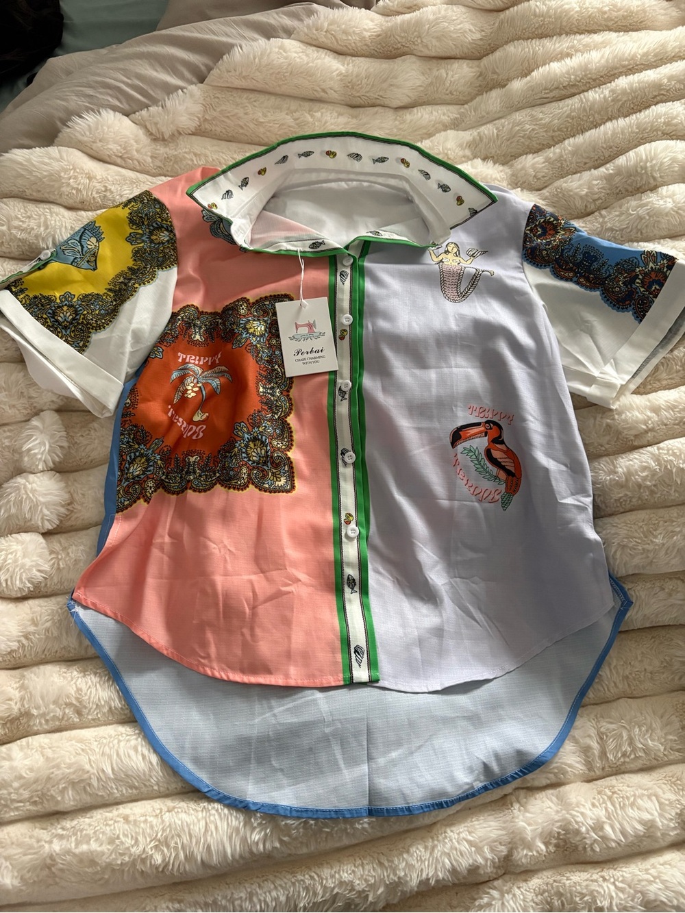 Colorblock Button-Down Short Sleeve Shirt with Tropical Print